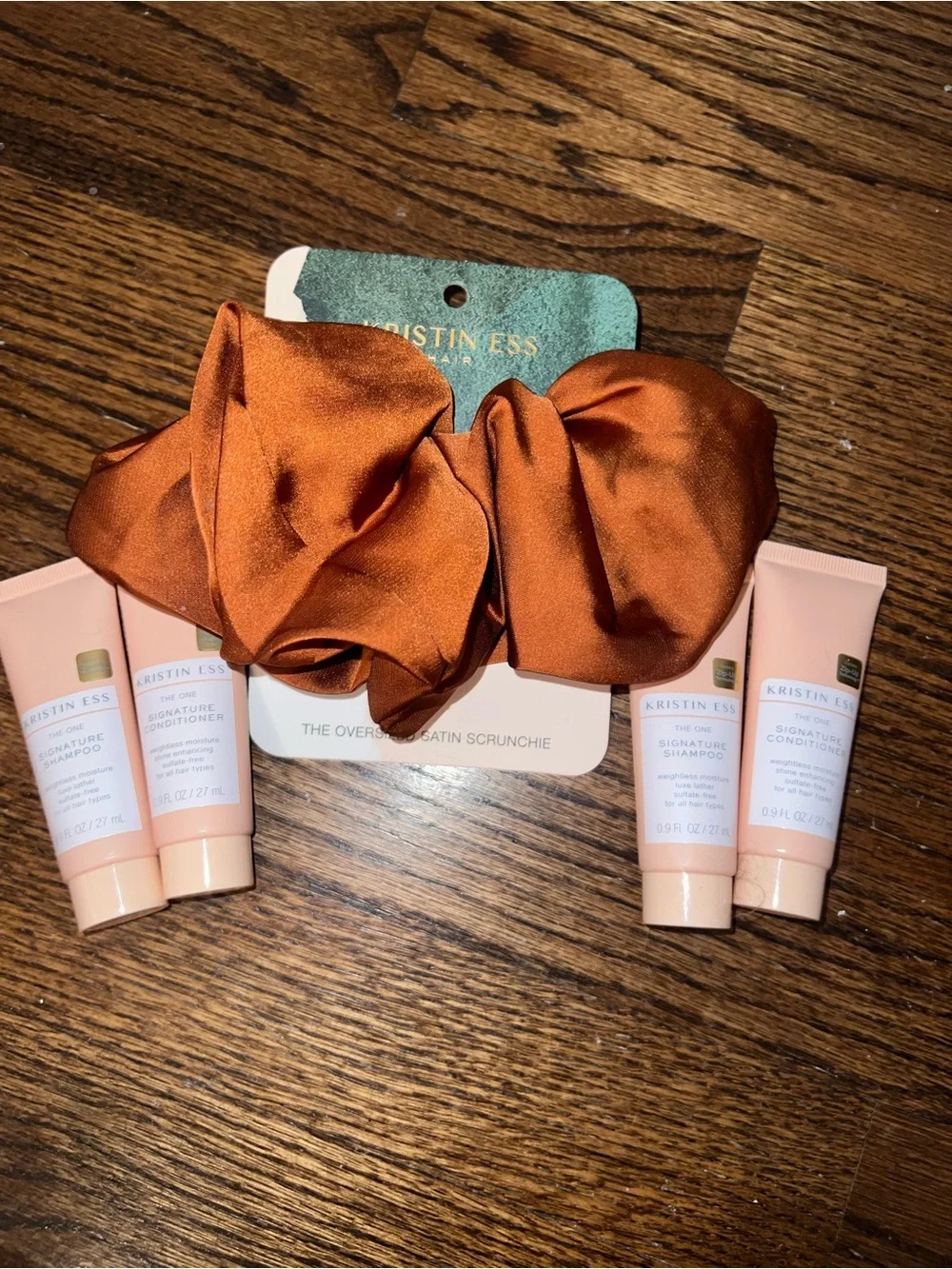 NWT Kristin Ess bundle - Oversized Satin Scrunchie Copper Orange + travel shampo